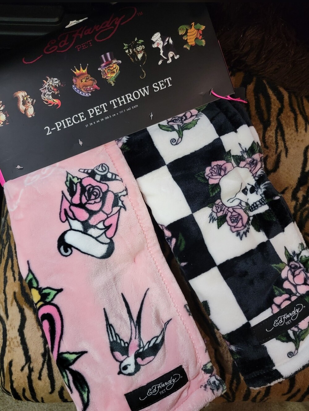 Pet Dog Or Cat Blanket Ed Hardy Pink & Black Skull Checker Pet Throw Duo New